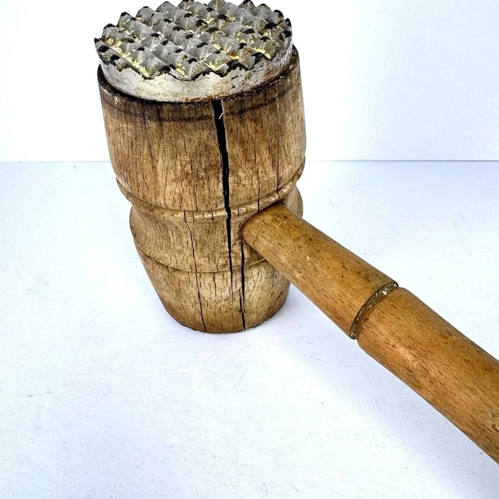 Vintage Wood Meat Tenderizer Mallet Metal Textured Face Rustic Kitchen‎ Decor